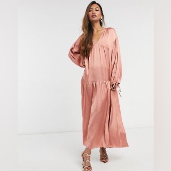 ASOS DESIGN satin tiered trapeze midi smock dress in dusky pink
 Size 4 NWOT. - Picture 1 of 11